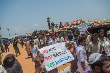 A demonstration over identity cards at a Rohingya refugee camp in Bangladesh in April, 2018. Image: NurPhoto/SIPA USA/PA Images.