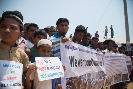 A demonstration during a UN Security visit at a Rohingya camp on 29 April, 2018. Image: NurPhoto/SIPA USA/PA Images