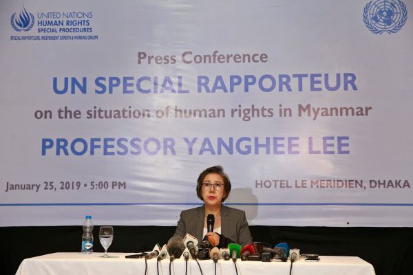 Dhaka: Yanghee Lee, U.N. Special Rapporteur on the Situation of Human Rights in Myanmar, holds a news conference after visiting Rohingya refugee camps in Cox’s Bazar, in Dhaka, Bangladesh, Friday, Jan. 25, 2019. (Photo: AP)