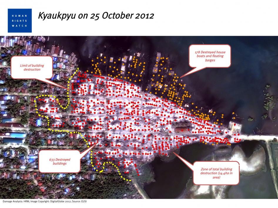 Rohingya/Kaman Muslim Quarters seen from Satellites after arson attacks by Myanmar military, Police and Rakhine extremists on Oct 24, 2012. (Photo: HRW)