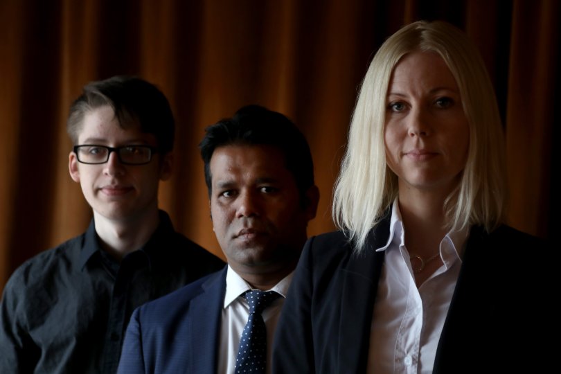 Ethan Lindenberger, Tun Khin and Jessikka Aro, victims of "fake news" on social media, speak Thursday, May 9, 2019, in San Francisco, Calif., about their recent visits with Facebook, Twitter and Google. Lindenberger has been attacked for standing up to anti-vaxxers, while Khin is a Rohingya human rights activist and Aro is a Finnish journalist investigating Russian troll farms. (Karl Mondon/Bay Area News Group)
