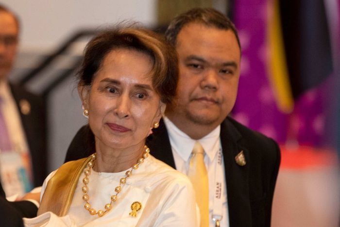 Myanmar leader, Aung San Suu Kyi has been named in a case filed in Argentina for crimes against the country's Rohingya Muslims. (AP: Gemunu Amarasinghe)