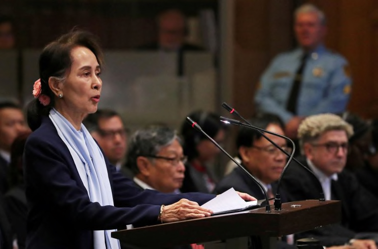 Aung San Suu Kyi speaks at the International Court of Justice in the Hague on Dec. 11, 2019. (Yves Herman/Reuters)