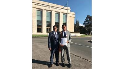 Lwin, left, and Zarni at the UN in Geneva at the launch of the International Independent Fact-Finding Mission for Myanmar in September 2018 [Ro Nay San Lwin/Al Jazeera]